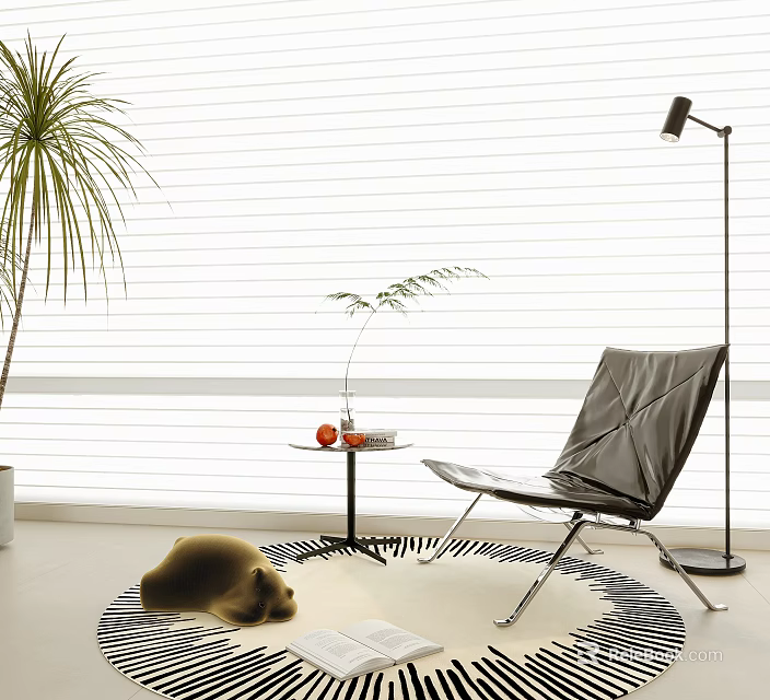 Leisure Chair in Bright Room with Window Blinds Small Table Floor Lamp and Potted Plant 3d model 