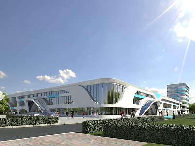 Modern Industrial Factory Building Featuring Glass Curtain Walls Curved White Exterior And Green Surroundings 3d model