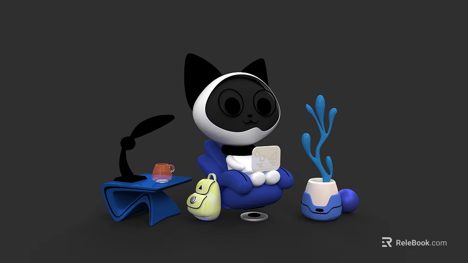 Cartoon Cat On Blue Chair Holding Paper With Table Orange Cup Yellow Duckling Blue Plant 3d model 