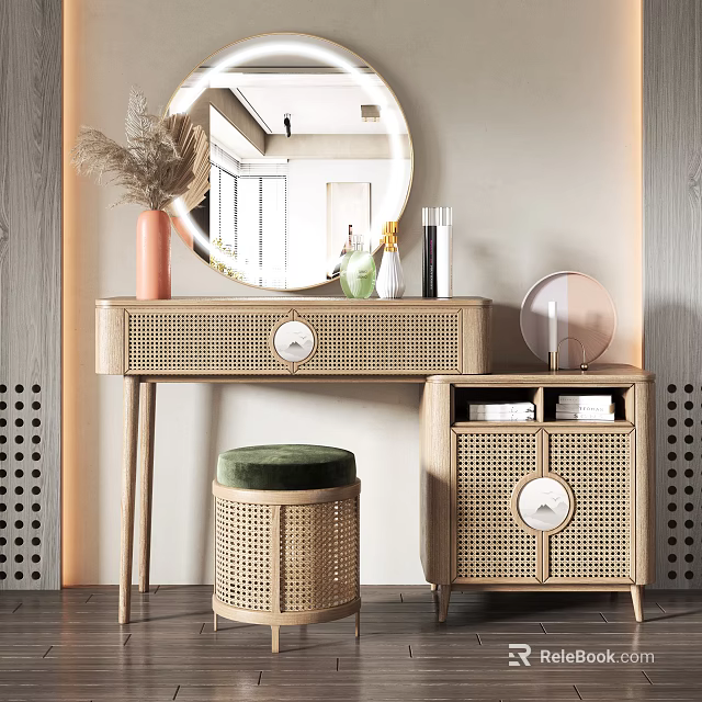 Natural Rattan Dressing Table With Round Mirror And Green Cushion Stool 3d model 