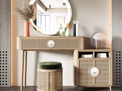 Natural Rattan Dressing Table With Round Mirror And Green Cushion Stool 3d model