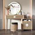 Natural Rattan Dressing Table With Round Mirror And Green Cushion Stool