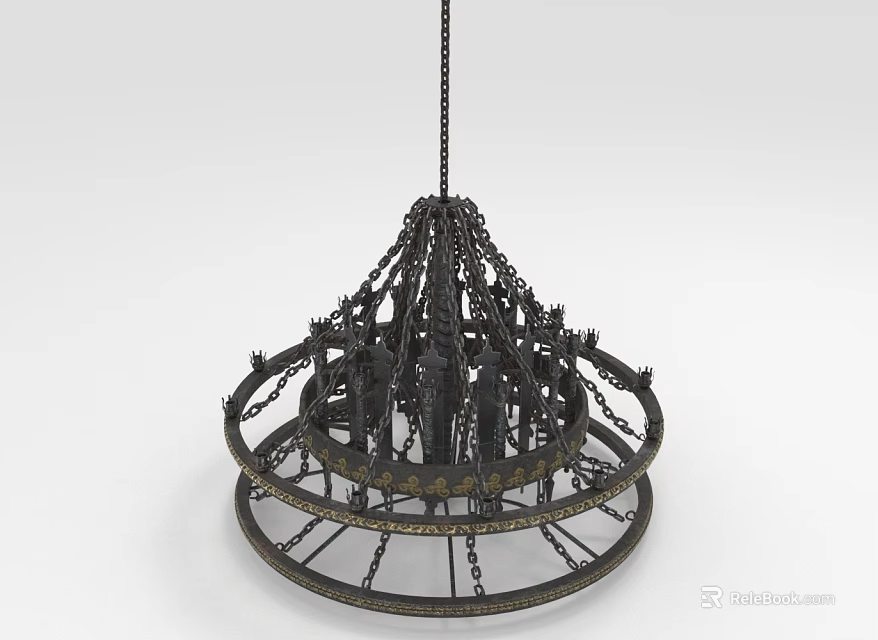Ornate Two Tiered Industrial Metal Chandelier With Elaborate Chain Details 3d model 