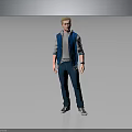 Blond Male Character In Blue Vest With Gray Top And Companion Creature Standing Together