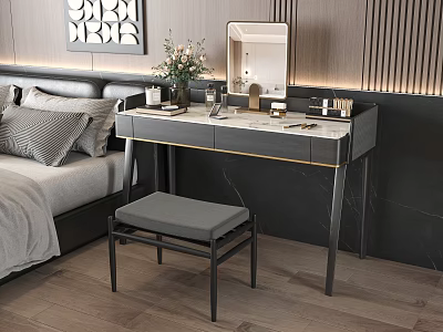 Elegant Modern Vanity Table In Bedroom With Marble Top Mirror And Gray Stool 3d model