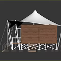 Camping Tents Featuring Wooden Platforms Stairs Support Poles And White Canopies