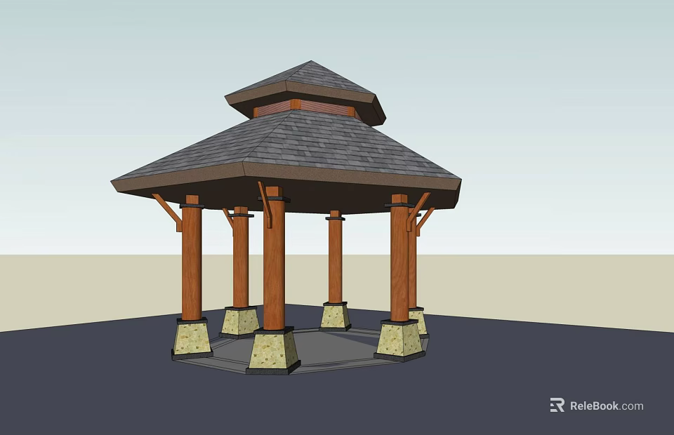 Wooden Pavilion With Multi Tiered Roof And Stone Based Columns Outdoor Structure 3d model 