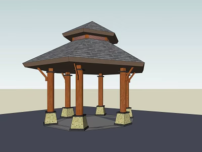 Wooden Pavilion With Multi Tiered Roof And Stone Based Columns Outdoor Structure 3d model
