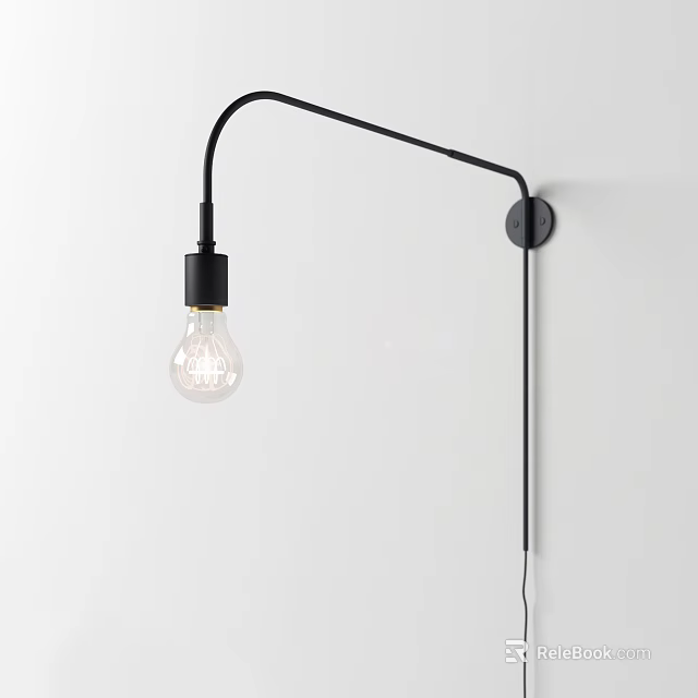 Modern Black Curved Arm Wall Lamp with Transparent Filament Bulb Mounted on White Wall 3d model 