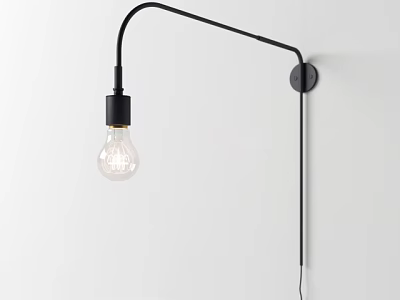 Modern Black Curved Arm Wall Lamp with Transparent Filament Bulb Mounted on White Wall 3d model