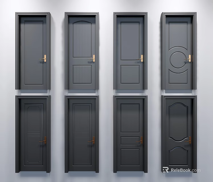 Modern Black Swing Doors With Various Panel Designs And Gold Handles 3d model
