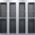 Modern Black Swing Doors With Various Panel Designs And Gold Handles 3d model