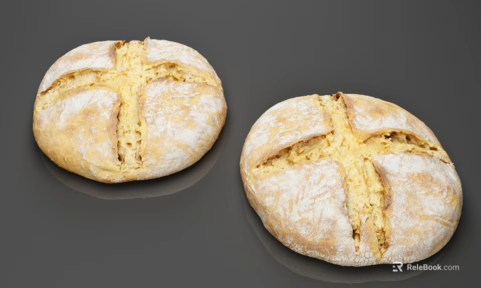 Freshly Baked Round Sourdough Breads With Cross Slits And Flour Dusting On Gray Surface 3d model 
