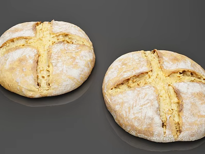 Freshly Baked Round Sourdough Breads With Cross Slits And Flour Dusting On Gray Surface 3d model