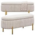 Beige Gray Sofa Bench with Vertical Ribbed Design Golden Silver Metal Legs and Soft Blanket