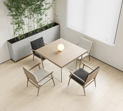 Modern Dining Table Set With Wooden Top Four Chairs Potted Plants And Window Blinds 3d model