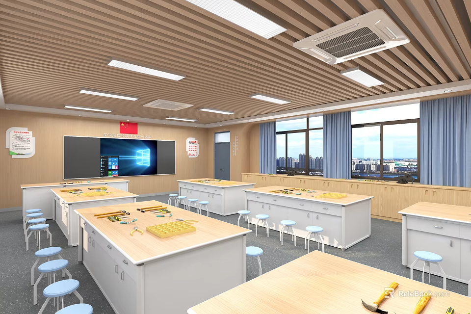 School Workshop Classroom With Wooden Tables Tools Large Screen Blue Chairs And Windows 3d model 