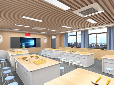 School Workshop Classroom With Wooden Tables Tools Large Screen Blue Chairs And Windows 3d model