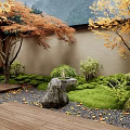Karesansui Japanese Garden With Wooden Pathway Stones Fallen Leaves Moss And Traditional Architecture