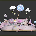 Pink Cloud Shaped Dessert Scene With Unicorn Lollipop Cake Cupcakes And Candies