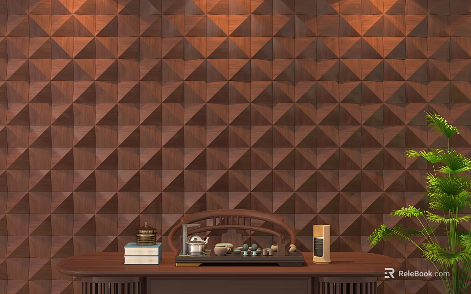 Elegant Dark Wooden Background Wall With Triangular Geometric Panel Design 3d model