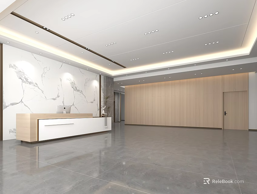 Hotel Lobby Interior With Marble Wall Reception Desk Wooden Wall And Spacious Gray Floor 3d model 