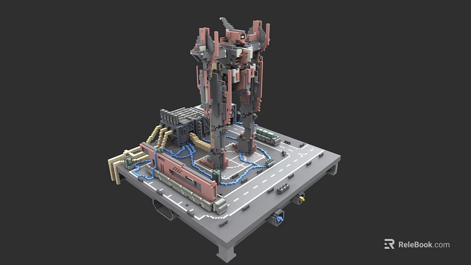 Game Movie Character Mechanical Structure With Platform Base And Pipes Cables 3d model 