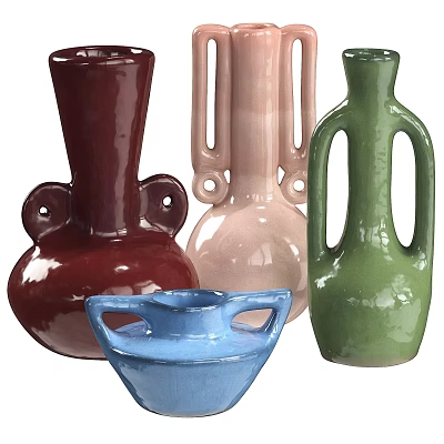 Colorful Ceramic Vessels With Unique Designs In Red Pink Green And Blue 3d model