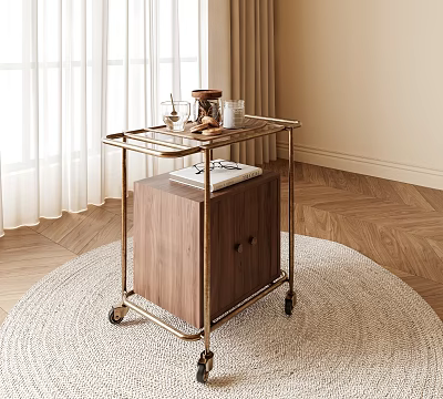 Modern Rolling Side Table With Brass Frame Wooden Cabinet And Tray On Living Room Rug 3d model