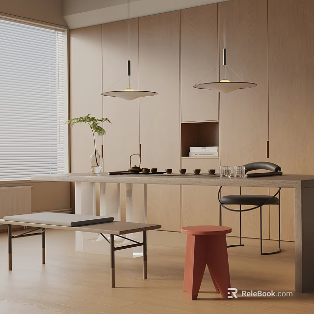 Modern Tea Room Interior With Wooden Cabinets Pendant Lights Green Plant And Long Table 3d model 