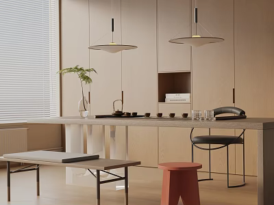 Modern Tea Room Interior With Wooden Cabinets Pendant Lights Green Plant And Long Table 3d model