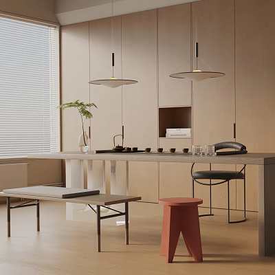 Modern Tea Room Interior With Wooden Cabinets Pendant Lights Green Plant And Long Table 3d model