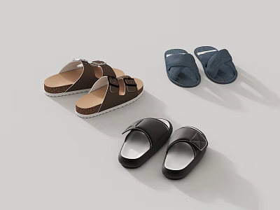Cross Strap Slippers In Brown Blue Black With Cork Sole And Leather For Home Wear 3d model