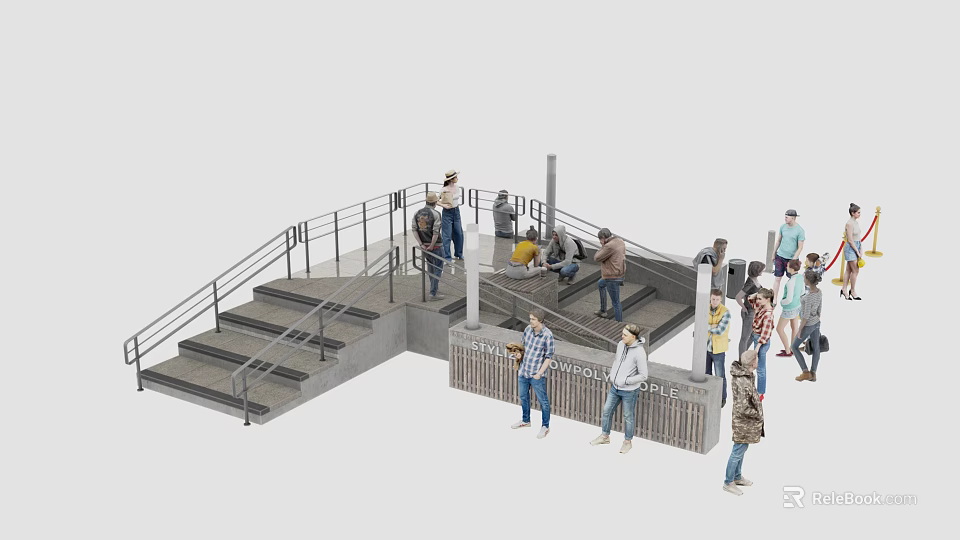 People Walking And Standing On Staircase With Railing At Public Transit Platform 3d model 