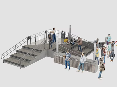 People Walking And Standing On Staircase With Railing At Public Transit Platform 3d model