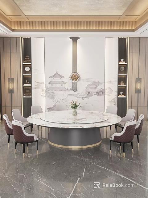 Elegant Round Marble Dining Table Set with Comfortable Chairs and Chinese Style Decorative Wall 3d model