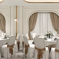 Elegant Banquet Hall Interior With White Chairs Brown Ribbons Flower Arrangements And Arched Windows