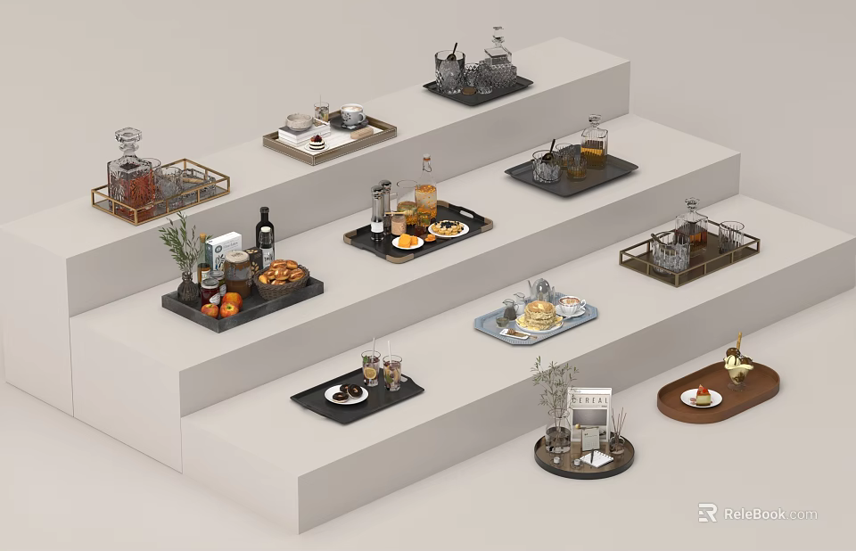 Modern Kitchen Utensils Display With Various Cookware Sets On Tiered Stands 3d model 