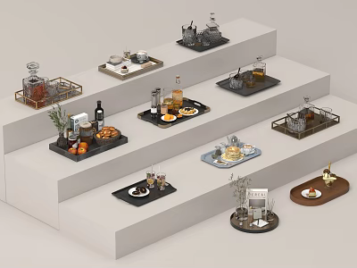 Modern Kitchen Utensils Display With Various Cookware Sets On Tiered Stands 3d model