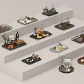Modern Kitchen Utensils Display With Various Cookware Sets On Tiered Stands 3d model