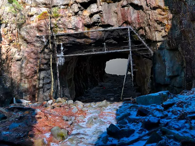 Scenic Rocky Cave Entrance With Metal Framework And Snow Covered Ground 3d model