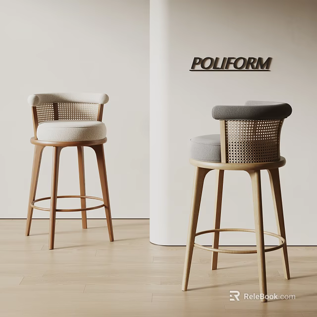 Modern Wooden Frame Bar Stools With Woven Backrest And Gray Cushion 3d model 