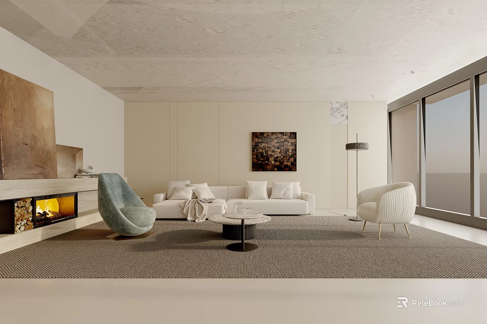 Modern Bright Living Room With White Sofa Light Green Armchair Fireplace And Beige Carpet 3d model 