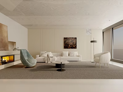 Modern Bright Living Room With White Sofa Light Green Armchair Fireplace And Beige Carpet 3d model