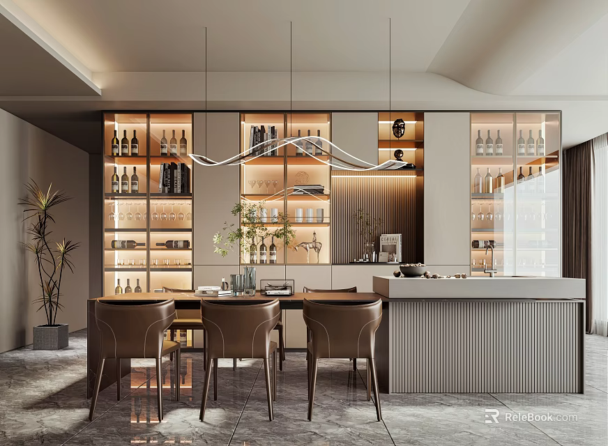 Modern Restaurant Interior With Sleek Bar Counter Wine Racks Hanging Pendant Lights And Leather Stools 3d model 