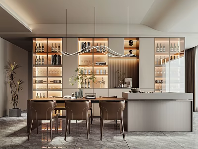 Modern Restaurant Interior With Sleek Bar Counter Wine Racks Hanging Pendant Lights And Leather Stools 3d model
