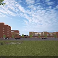Red Brick School Buildings With Green Lawn Trees And Open Blue Sky View