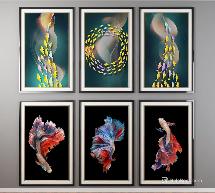 Vibrant Animal Paintings Featuring Colorful Fish Schools and Betta Fish Art 3d model 