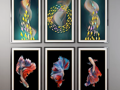 Vibrant Animal Paintings Featuring Colorful Fish Schools and Betta Fish Art 3d model
