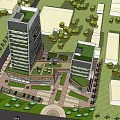 Modern Office Building With Glass Facade And Green Landscaping Including Trees And Lawn